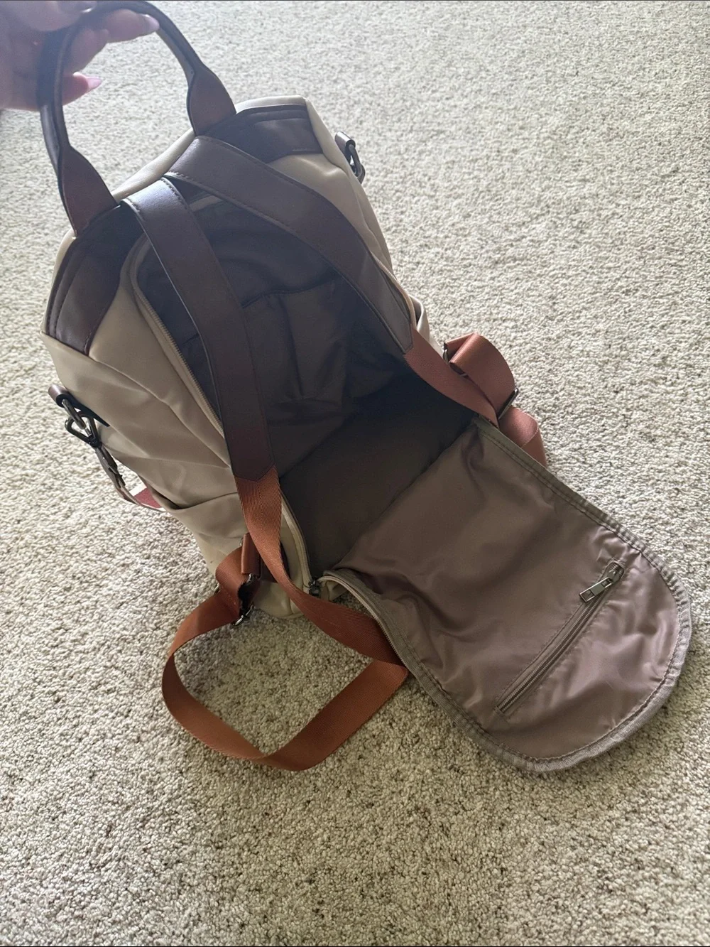 Beige Everyday Backpack with Brown Accent Strap